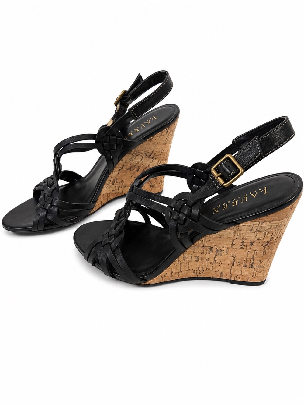 Lauren Ralph Lauren Women’s Black Leather Cork Wedge Sandals Size 10B